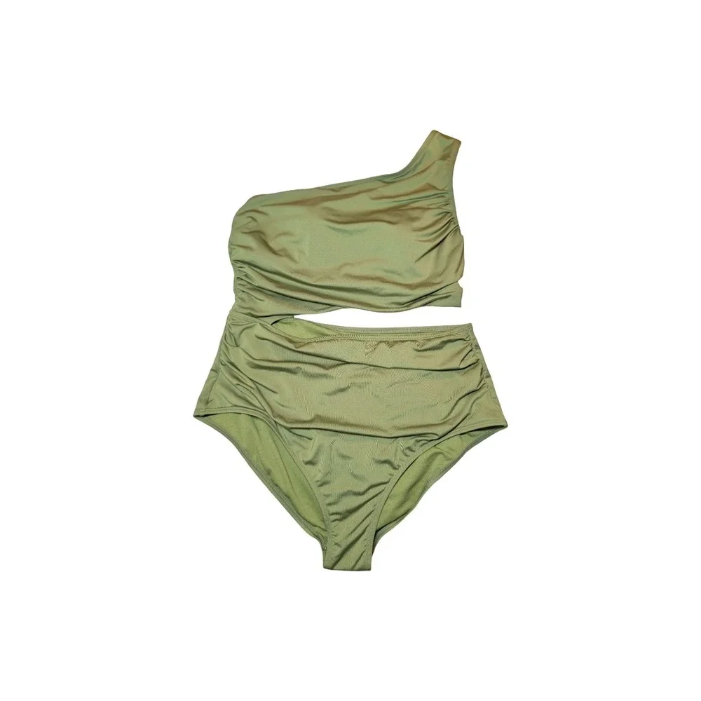⭐D1 Shirred Cut Out One Shoulder Medium Coverage One Piece Swimsuit - XL